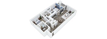 A 3D floor plan of a house with multiple rooms.